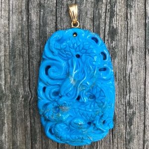 BOHO chunky carved turquoise pendant 14k